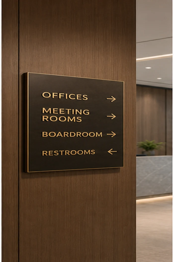 Office directory signage in a corporate interior